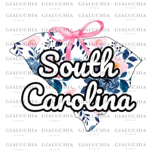 Watercolor Floral State Map of South Carolina png, Coquette Aesthetic Bow png, Cute Feminine State Outline Clipart, Trendy Girly State png