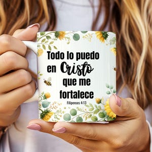 Taza con versículo bíblico en español para sublimación, taza "Todo lo puedo en Cristo" PNG, regalos para ella, taza Filipenses 4:13 de 11/15 oz, diseño en español