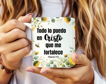 Spanish Bible Verse Mug Wrap For Sublimation, Todo Lo Puedo En Cristo Mug PNG, Gifts For Her, Filipenses 4:13 Mug 11/15 oz, Spanish Design