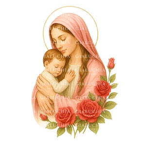 Aquarel Maagd Maria clipartbundel, bloemen Maagd Maria PNG voor sublimatie, Moeder Gods IIllustration, Heilige Moeder png, katholiek png