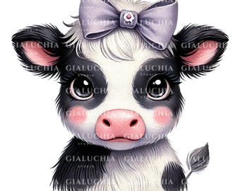 May include: A watercolor illustration of a cute cow calf with a large lavender bow on its head. The cow has black and white fur, large eyes, and a pink nose and cheeks. The image has a soft, whimsical style.