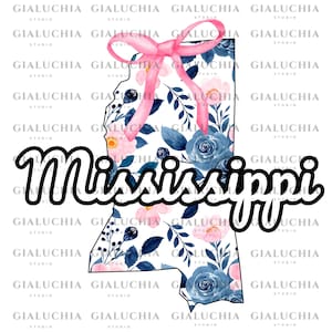 Watercolor Floral State Map of Mississippi png, Coquette Aesthetic Bow png, Cute Feminine State Outline Clipart, Trendy Girly State Design