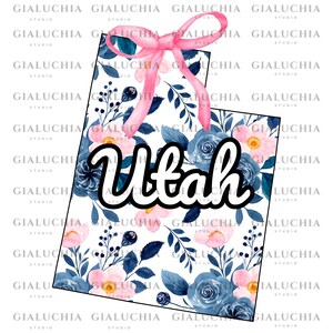 Carte d'état floral aquarelle de l'Utah png, noeud esthétique coquette png, clipart de contour d'état féminin mignon, conception d'état girly à la mode