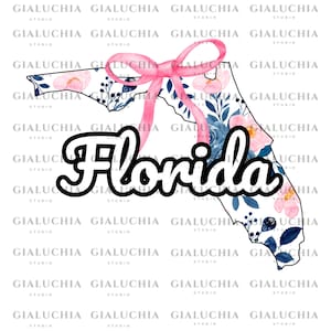 Carte d'état floral aquarelle de Floride png, noeud esthétique coquette png, clipart de contour d'état féminin mignon, conception d'état girly à la mode