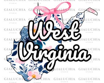 Watercolor Floral West Virginia Map: Coquette Bow Clipart (PNG)