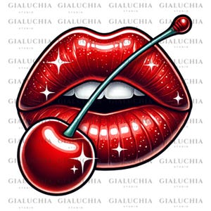 Rote Kirschlippen png, Glossy Lip Clipart mit Roter Kirsche, Sexy Lip Sublimation Design, Glitter Cherry Clipart, sinnliche Lippen Illustration