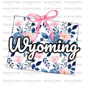 Carte d'état floral aquarelle du Wyoming png, noeud esthétique coquette png, clipart de contour d'état féminin mignon, conception d'état girly à la mode