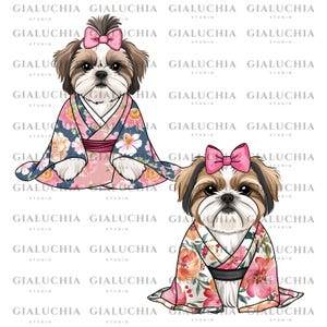 Aquarelle mignon Shih Tzu png, chien mignon avec noeud et Kimono Clipart, Illustration Shih Tzu, bébé chien png, fichier chien pour sublimation