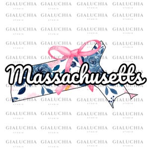Watercolor Floral State Map of Massachusetts png, Coquette Aesthetic Bow png, Cute Feminine State Outline Clipart, Trendy Girly State png