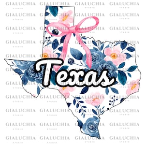 Watercolor Floral State Map of Texas png, Coquette Aesthetic Bow png, Cute Feminine State Outline Clipart, Trendy Girly State Design