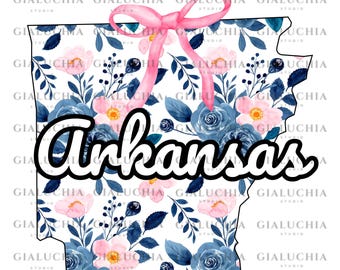 Watercolor Floral State Map of Arkansas png, Coquette Aesthetic Bow png, Cute Feminine State Outline Clipart, Trendy Girly State Design