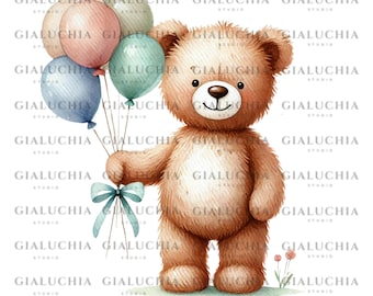 Clipart di orsacchiotto acquerello: illustrazione di palloncini (PNG)