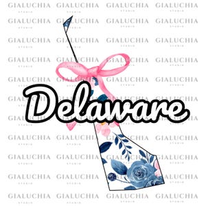Watercolor Floral State Map of Delaware png, Coquette Aesthetic Bow png, Cute Feminine State Outline Clipart, Trendy Girly State png