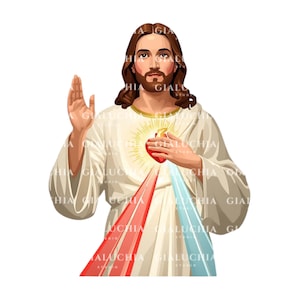 May include: Illustration of Jesus in a white robe with a red heart and rays of light emanating from it. He has long brown hair and a beard, with one hand raised and the other touching his heart. Red and blue rays extend downward.