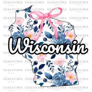 Watercolor Floral State Map of Wisconsin png, Coquette Aesthetic Bow png, Cute Feminine State Outline Clipart, Trendy Girly State Design