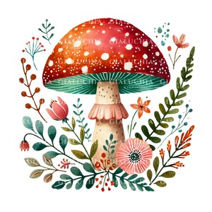 Aquarelle lunatique clipart champignon pour sublimation, champignon vénéneux Cottagecore peint à la main PNG avec feuilles et fleurs, illustration de champignon