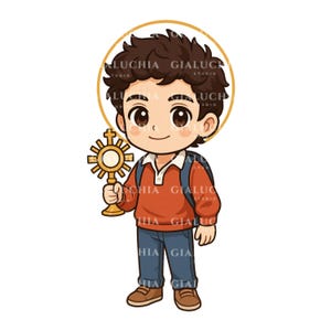 Könnte beinhalten: Cartoon-Illustration einer jungen Person mit braunen Haaren, die ein orangefarbenes Hemd, eine blaue Jeans und einen blauen Rucksack trägt. Die Person hält eine goldene Monstranz und hat einen goldenen Heiligenschein. Das Bild hat den Text "LUCCHIA GIALUC STUDIO".