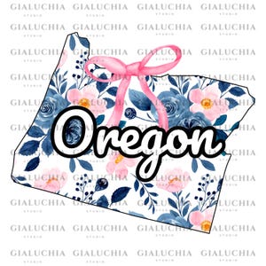 Carte d'état floral aquarelle de l'Oregon png, noeud esthétique coquette png, clipart mignon état féminin, Design tendance Girly State