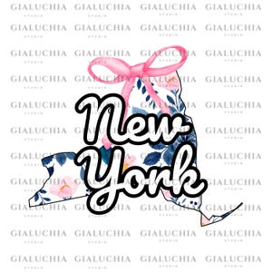 Watercolor Floral State Map of New York png, Coquette Aesthetic Bow png, Cute Feminine State Outline Clipart, Trendy Girly State Design