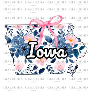 Watercolor Floral State Map of Iowa png, Coquette Aesthetic Bow png, Cute Feminine State Outline Clipart, Trendy Girly State Design