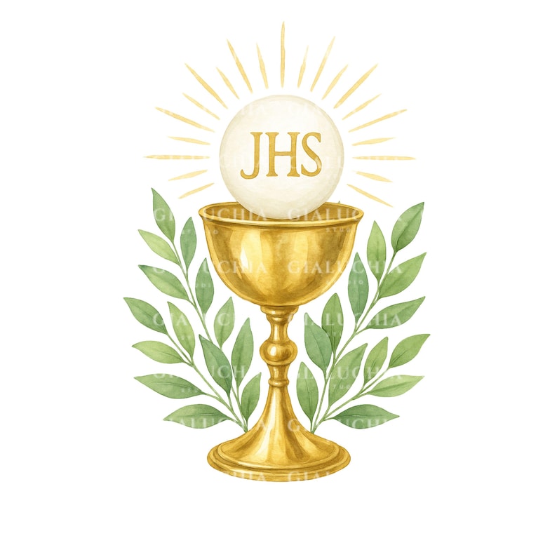 May include: A gold chalice with a white host on top. The host has the letters JHS written on it. The chalice is surrounded by green leaves.