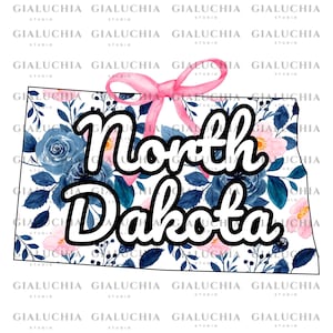 Carte florale aquarelle d'état du Dakota du Nord png, noeud esthétique coquette png, clipart féminin mignon de contour d'état, conception d'état girly à la mode