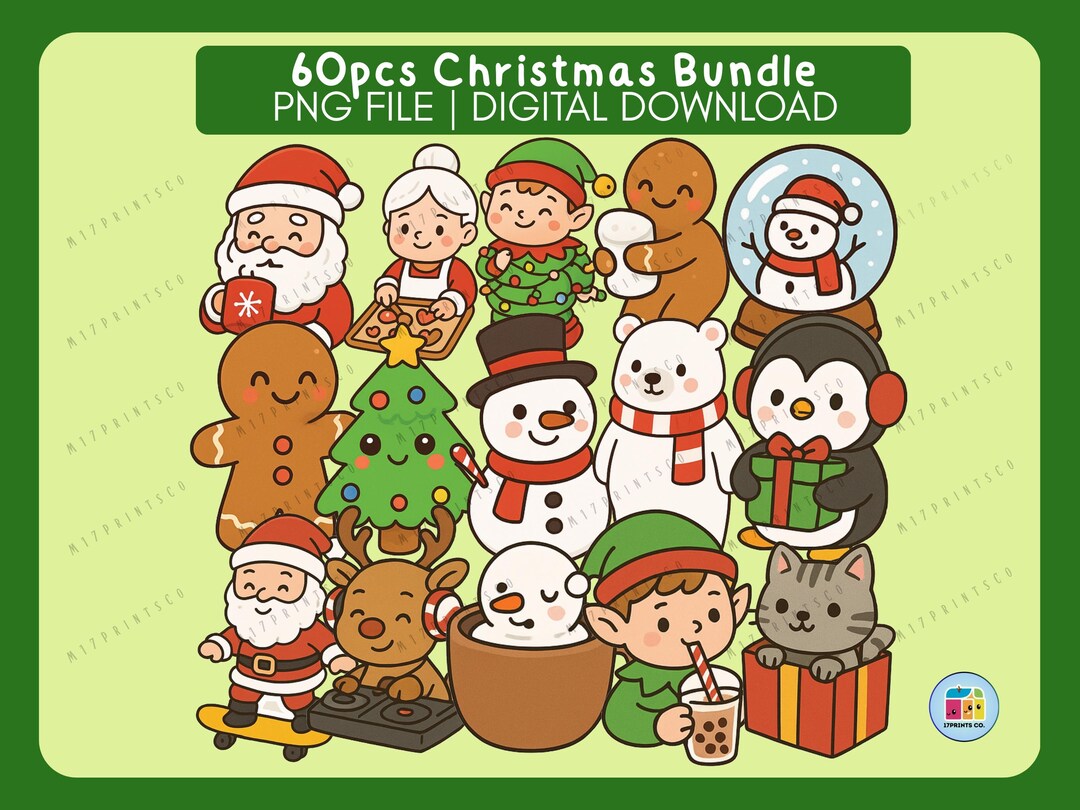Kawaii Christmas Clipart PNG Bundle, Cute Holiday Stickers, Digital ...