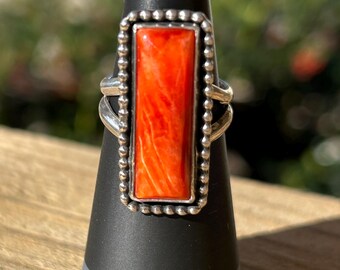 Orange Spiny Sterling Silver Statement Bar Ring - Size 6.75