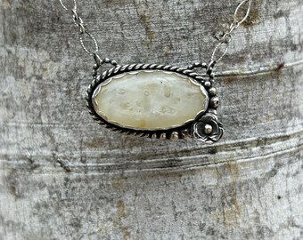 White Dendrite Opal and Sterling Silver Necklace Handmade