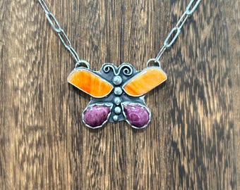 Butterfly Statement Necklace Orange and Purple Spiny in Sterling Silver Setting.