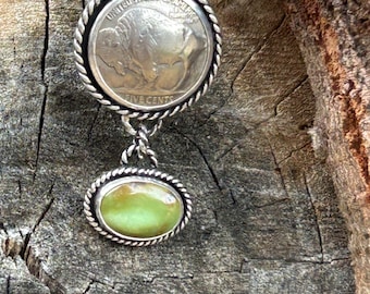 Buffalo Nickel and Turquoise Pendant set it Sterling Silver with rope detailing
