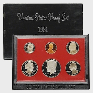 May include: A 1981 United States Proof Set in a black box with silver lettering. The set includes six coins displayed on a red background. The box reads "United States Proof Set" and "1981".