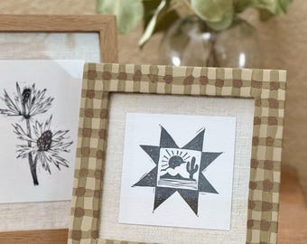 Quilt Star Linocut Print – Hand-Pressed Cactus Art in Black Ink, Unframed | Bedroom, Office, Nursery Wall Decor | Handmade Wall Art