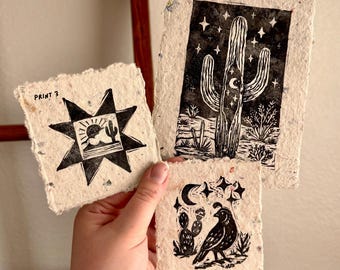 Imprimés déserts faits main | Saguaro, Caille, Star Art | Papier gratté recyclé