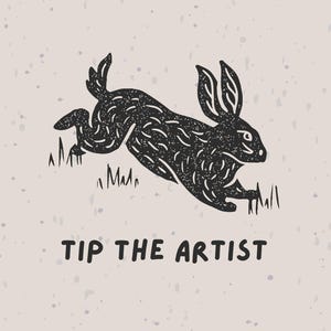 Puede incluir: Ilustración negra de un conejo corriendo con detalles texturizados y acentos de hierba. El texto "TIP THE ARTIST" está debajo sobre un fondo beige moteado.