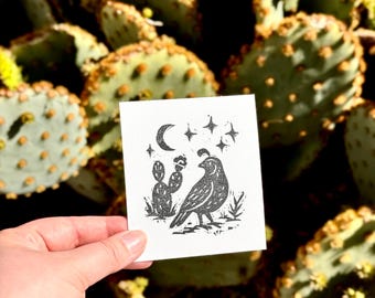 Impressão em linóleo de codorna – Arte de pássaro de codorna prensada à mão em tinta preta