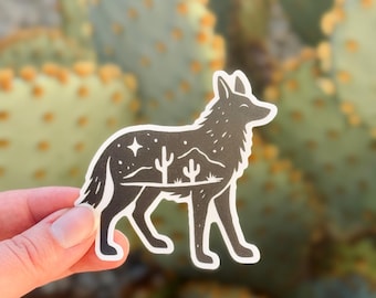Coyote Vinyl Sticker, Desert Night Saguaro Scene, Southwestern Art