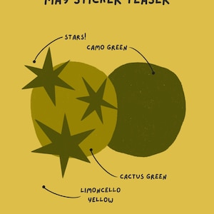 May include: A digital illustration with the text "MAY STICKER TEASER" in black. The image features a yellow background with two green circles and star shapes. The circles are labeled "CAMO GREEN" and "CACTUS GREEN". The stars are labeled "STARS!" and the background is labeled "LIMONCELLO YELLOW".