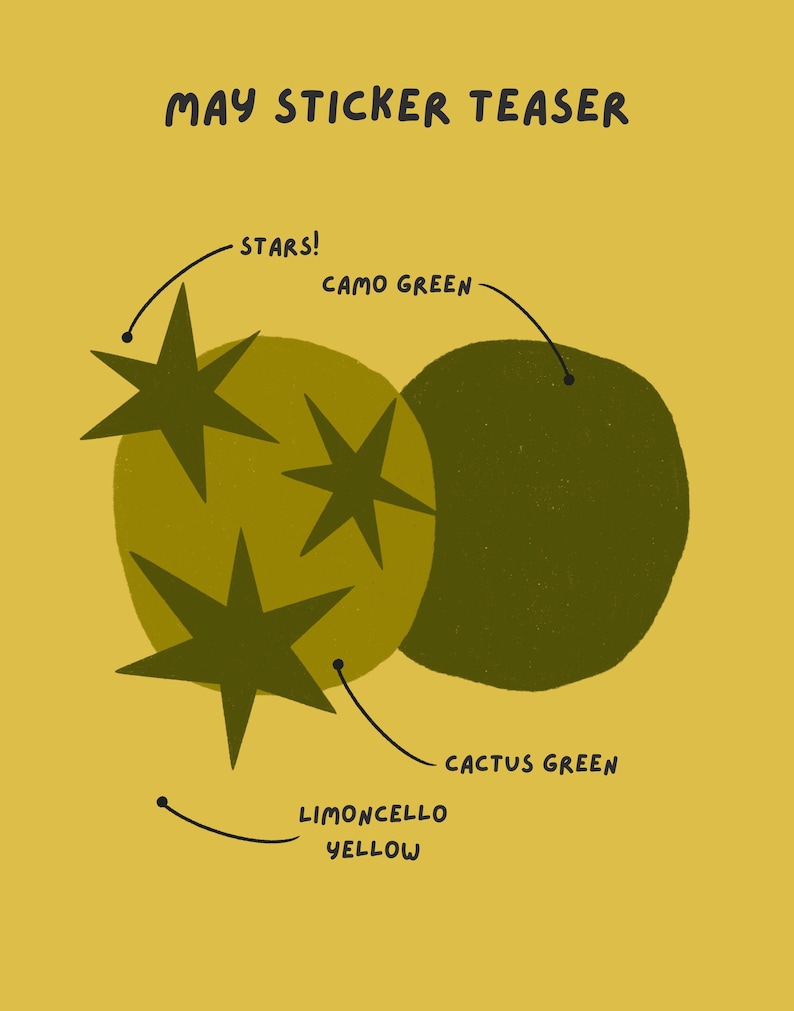 May include: A digital illustration with the text "MAY STICKER TEASER" in black. The image features a yellow background with two green circles and star shapes. The circles are labeled "CAMO GREEN" and "CACTUS GREEN". The stars are labeled "STARS!" and the background is labeled "LIMONCELLO YELLOW".