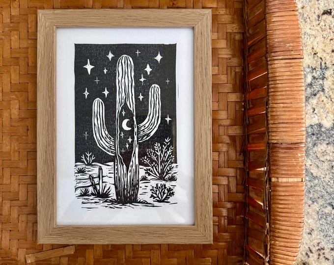 Celestial Saguaro Cactus Linocut Print – Hand-Pressed Desert Art in Black Ink, Unframed | Home Wall Art | Bedroom Wall Decor | Artful Print