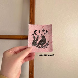 May include: A pink, textured print featuring a black illustration of a bird, cactus, moon, and stars. The text "SPECKLE QUAIL" is below the image. The print is held in front of a wooden ladder.