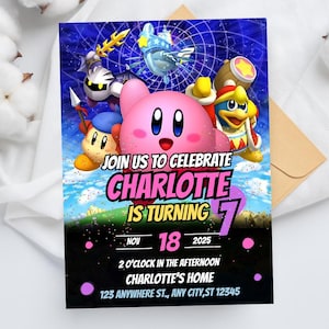 Invitación de cumpleaños de Kirby / Invitación digital para fiesta infantil / Tarjeta editable con temática de Kirby y la Tierra Olvidada / Plantilla imprimible de Evite
