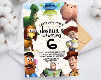 Modèle d'invitation d'anniversaire Toy Story modifiable pour enfants, invitations de fête d'anniversaire imprimables, modèle numérique d'invitation de fête d'enfants carte d'anniversaire