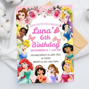 Princess Birthday Invitation Princess Invitation Princess Party Invitation Girl Princesses Invitations Gold Pink Instant EDITABLE Digital