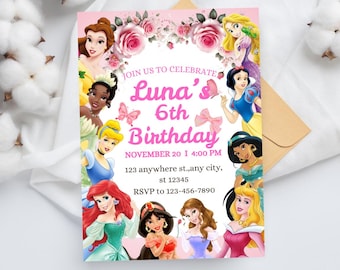 Princess Birthday Invitation Princess Invitation Princess Party Invitation Girl Princesses Invitations Gold Pink Instant EDITABLE Digital