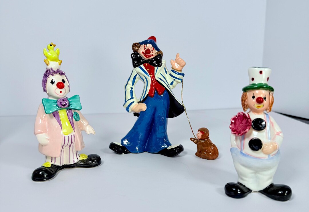 Lot De 5 Clowns Collection Porcelaine Et Tissu Vintage