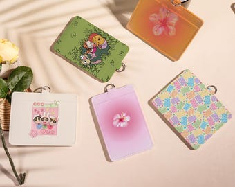 Cute Cartoon Leather Card Holder,Blush Gradient Card Holder,Custom Name Badge Holder,Girly Flower Bow ID Badge Holder,Gift for Nurse/Teacher