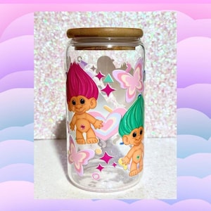 Troll Doll 16 oz Glass Tumbler | Treasure Trolls 90s Y2K Drinkware