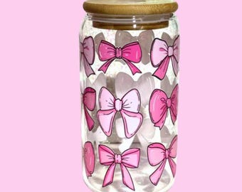 Pink Coquette Bow Glass Tumbler: Girly Iced Coffee Cup