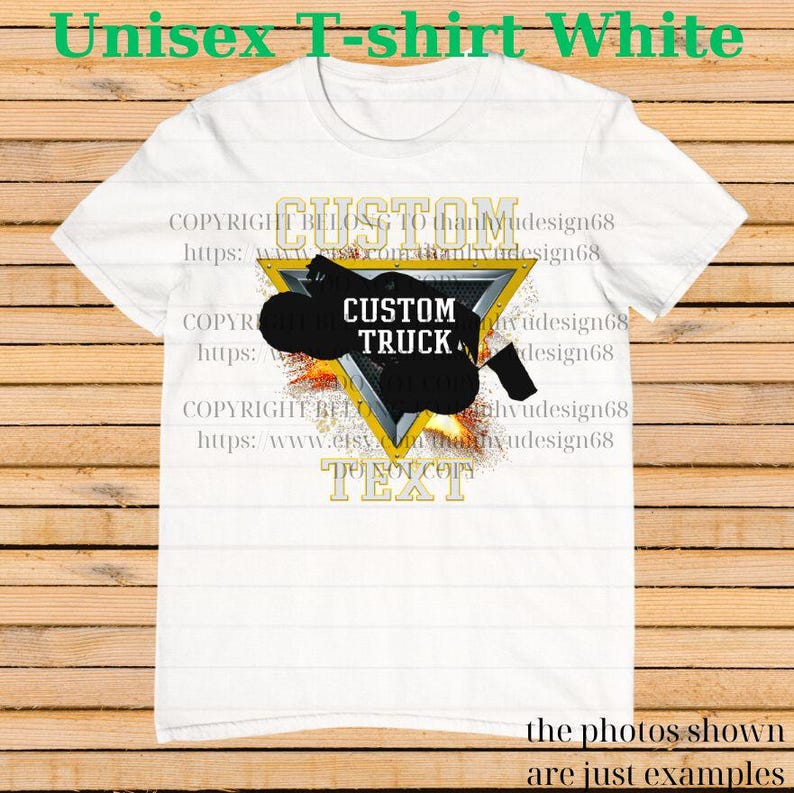 May include: White unisex t-shirt with a graphic design featuring a black truck silhouette inside a yellow triangle. The text "CUSTOM TRUCK" is displayed in white, with additional text above and below the design.